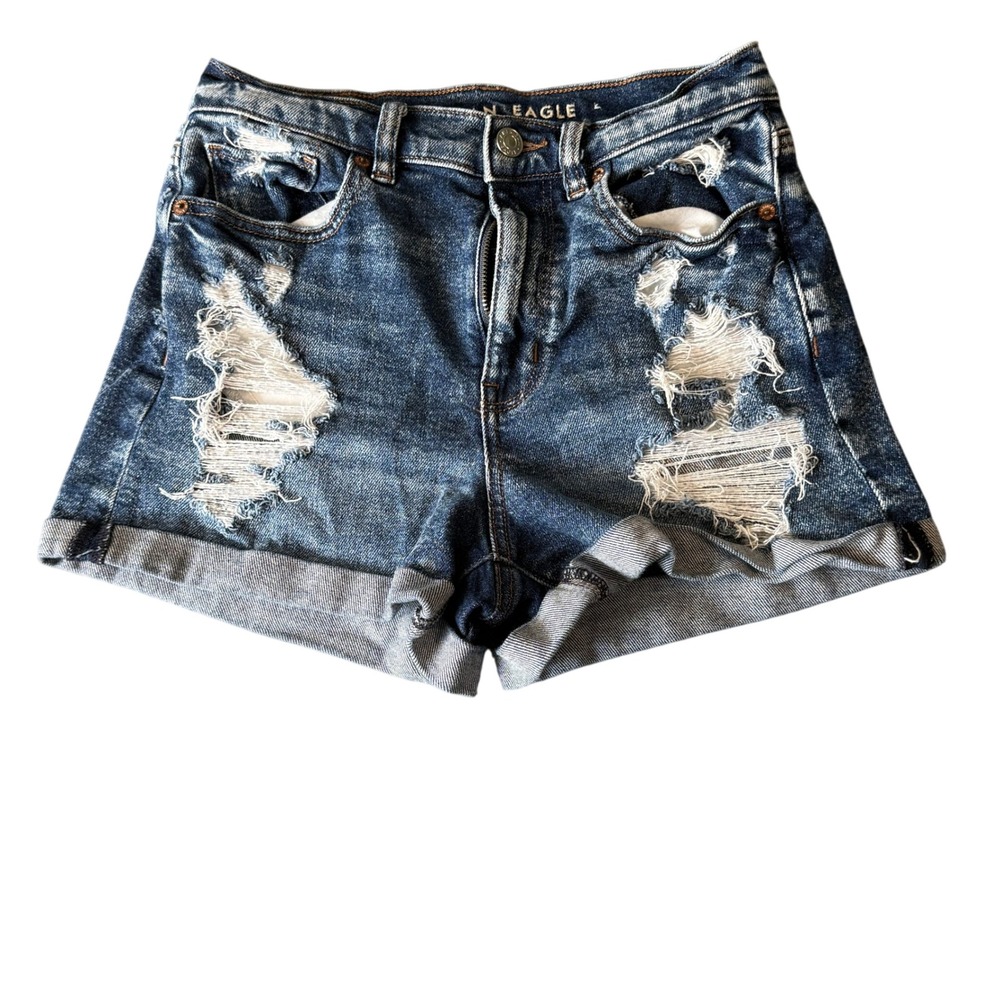American Eagle Mom Shorts Blue Acid‎ Wash Distressed Denim Rolled Hem Size 2